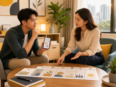 一名成人查看线上心理筛查结果后与临床心理师讨论完整评估