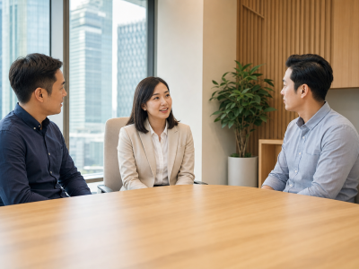 三位企业同事在明亮会议室进行冷静而有结构的工作对话