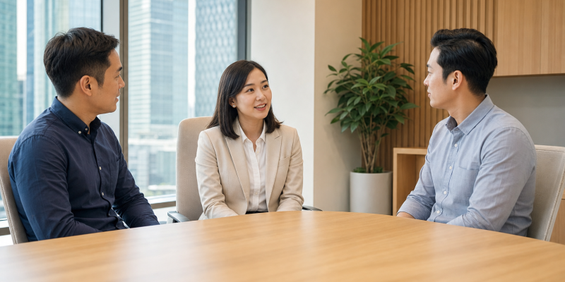 三位企业同事在明亮会议室进行冷静而有结构的工作对话