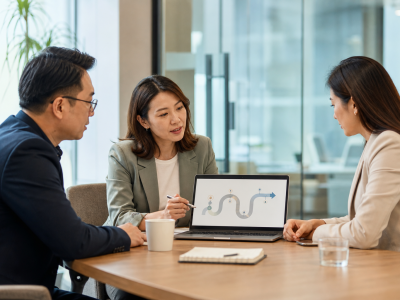 多元企业团队在明亮会议室观看清楚的变革计划说明