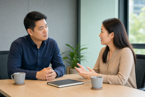 主管在安静会议室以尊重态度聆听一位员工说话