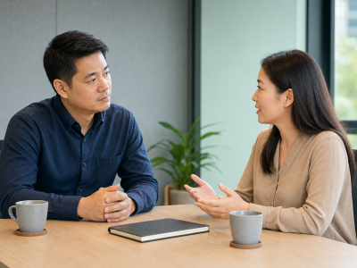 主管在安静会议室以尊重态度聆听一位员工说话