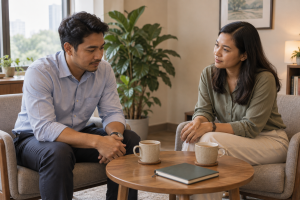 两位同事在安静的办公室角落交谈,一人神情沉静,另一人保持适当距离专注倾听。