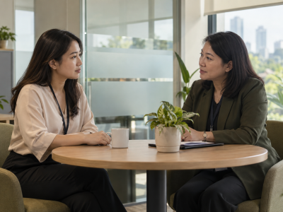 两位女性在私密的办公室内平等交谈，一人专注倾听，桌上摆着笔记本与水杯。