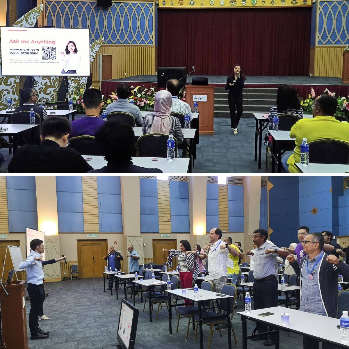 Two photographs of a MY Psychology session at the Asia-Pacific Broadcasting Union: a facilitator addressing attendees and participants taking part in a group activity.