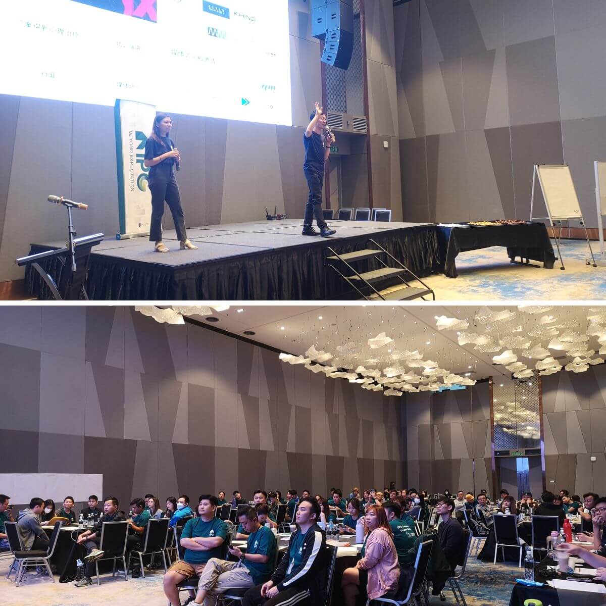 Two photographs of a MY Psychology session at IPG Malaysia: facilitators presenting on stage and employees seated in the audience.