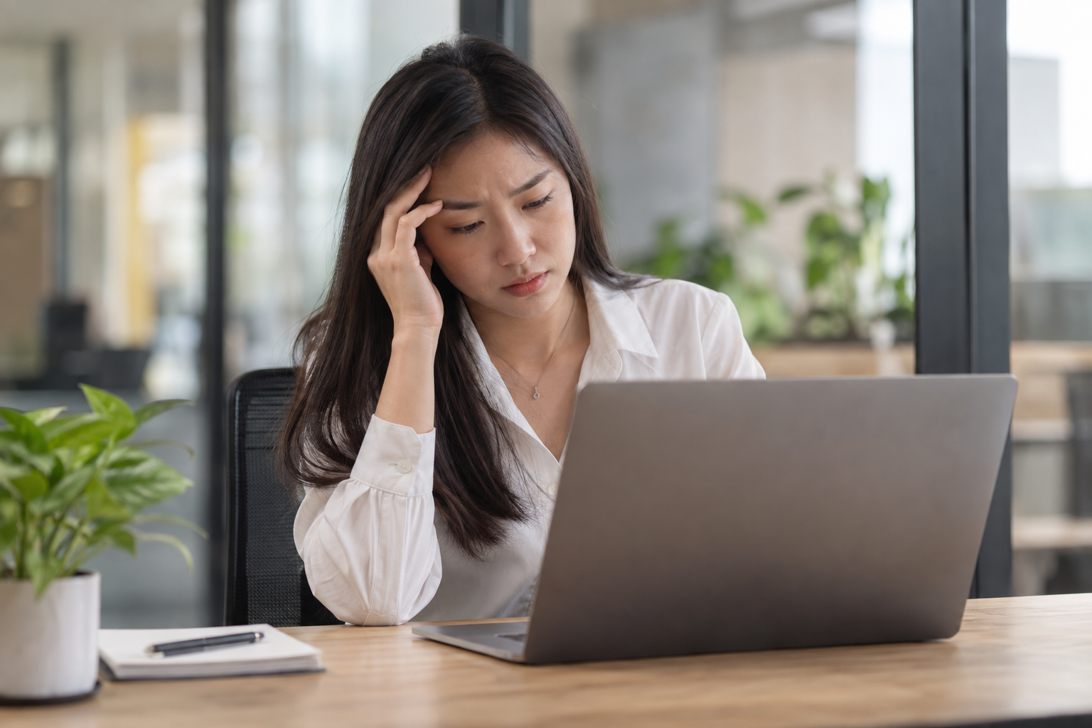 Illustrative image of an employee feeling tired at her laptop