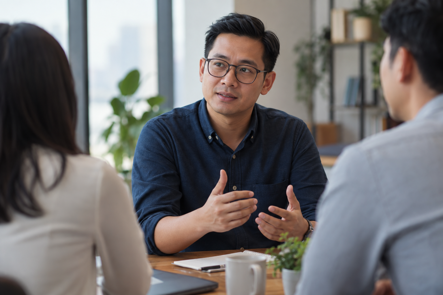 Illustrative image of a manager listening and talking with colleagues