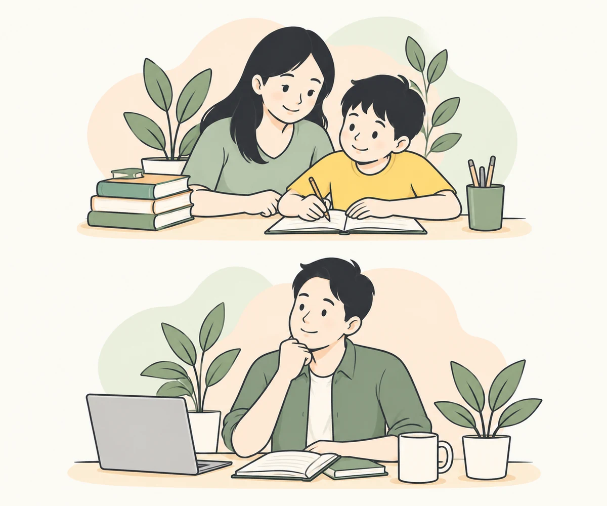 A parent supporting a child with schoolwork and an adult at a desk, representing assessment across life stages.