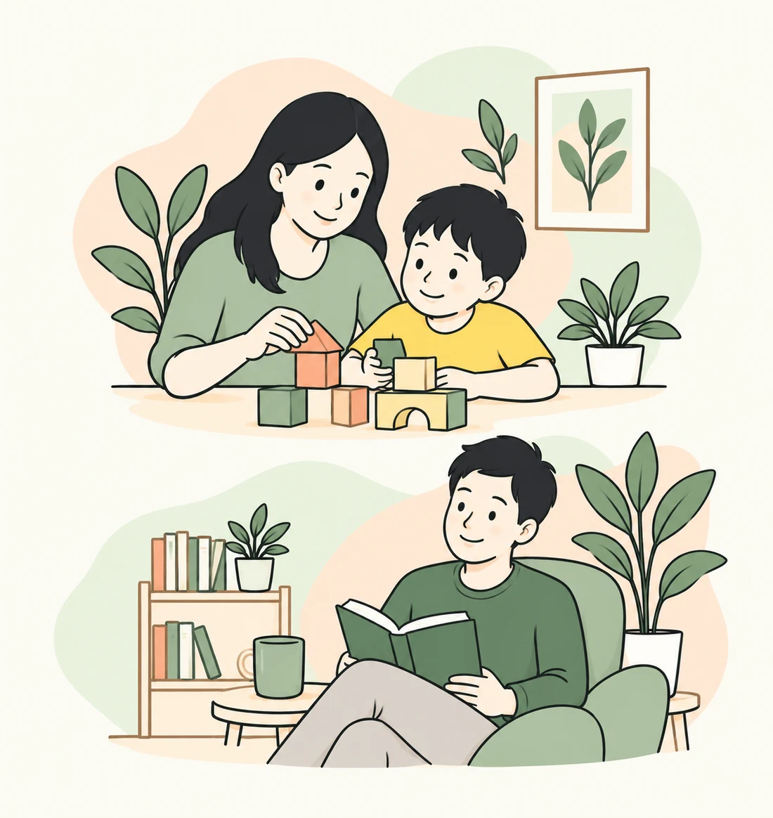 A parent and child playing with blocks, and an adult reading in a calm setting.