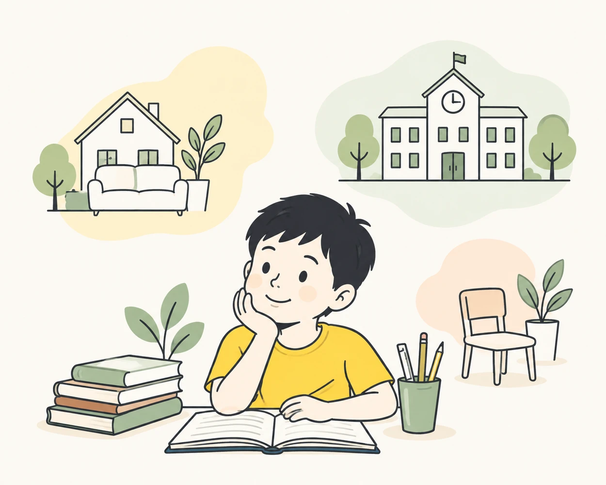 A child shown between home and school settings, illustrating how assessment combines information across contexts