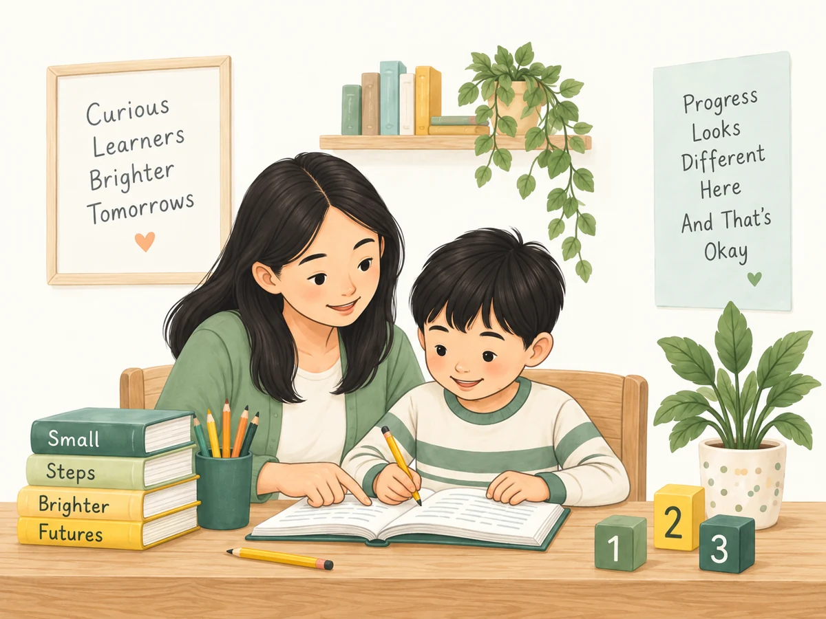A supportive adult sits beside a child as he writes at a desk with books and plants.