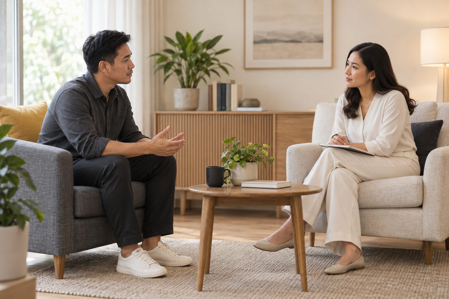 Illustration of an employee speaking privately with a clinical psychologist.
