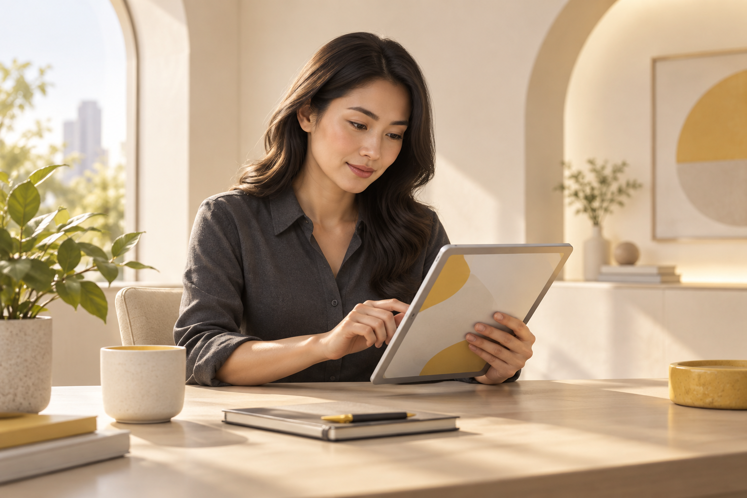 Illustration of an employee using a tablet for a private wellbeing check-in.