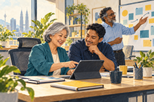 Illustration of older and younger Malaysian colleagues collaborating and sharing knowledge in an inclusive workplace. 插画：不同年龄的马来西亚同事平等协作，在包容的工作环境中交流经验。