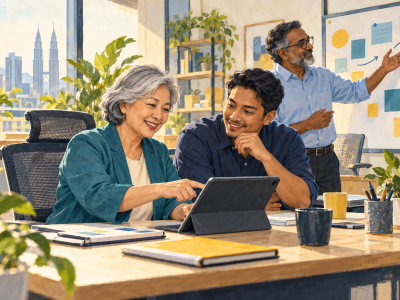 Illustration of older and younger Malaysian colleagues collaborating and sharing knowledge in an inclusive workplace. 插画：不同年龄的马来西亚同事平等协作，在包容的工作环境中交流经验。