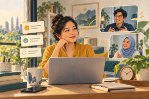 Illustration of a Malaysian employee working at home and connecting with supportive colleagues online. 插画:一名马来西亚员工在家工作,并透过线上交流获得同事支持。