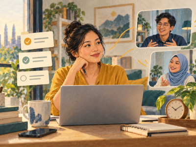 Illustration of a Malaysian employee working at home and connecting with supportive colleagues online. 插画:一名马来西亚员工在家工作,并透过线上交流获得同事支持。