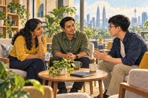 Illustration of three Malaysian colleagues having a supportive conversation in a quiet staff lounge. 插画：三名马来西亚同事在安静的休息空间互相倾听与支持。