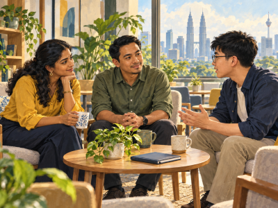 Illustration of three Malaysian colleagues having a supportive conversation in a quiet staff lounge. 插画：三名马来西亚同事在安静的休息空间互相倾听与支持。