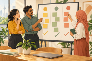 Illustration of Malaysian colleagues planning workplace improvements with notes on a board.