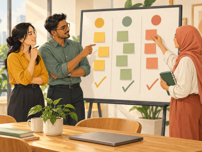 Illustration of Malaysian colleagues planning workplace improvements with notes on a board.
