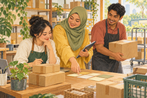 Illustration of Malaysian retail colleagues coordinating tasks and offering practical help at a fulfilment counter.