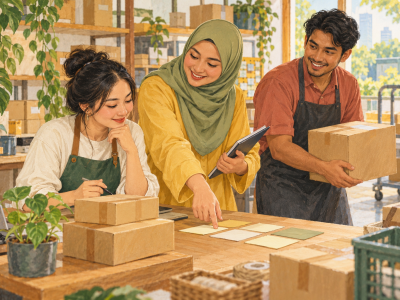 Illustration of Malaysian retail colleagues coordinating tasks and offering practical help at a fulfilment counter.