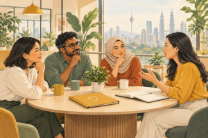 Illustration of Malaysian colleagues discussing a workplace assessment around a table.
