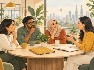 Illustration of Malaysian colleagues discussing a workplace assessment around a table.