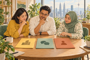 Illustration of three Malaysian colleagues comparing folders representing workplace assessment, employee feedback and individual support.