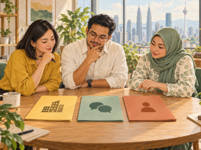 Illustration of three Malaysian colleagues comparing folders representing workplace assessment, employee feedback and individual support.