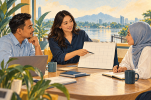 Illustration of colleagues in a Sarawak office discussing a work schedule and employee support. 插画：砂拉越办公室的同事一起讨论工作时间表与员工支持安排。