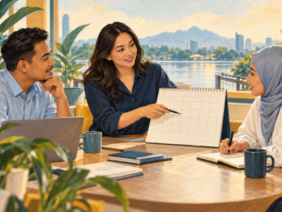 Illustration of colleagues in a Sarawak office discussing a work schedule and employee support. 插画：砂拉越办公室的同事一起讨论工作时间表与员工支持安排。