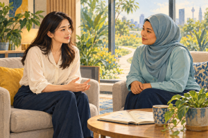 Illustration of an employee having a private follow-up conversation with a mental-health professional. 插画：员工与心理健康专业人员进行私密的后续会谈。