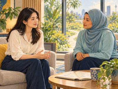 Illustration of an employee having a private follow-up conversation with a mental-health professional. 插画：员工与心理健康专业人员进行私密的后续会谈。