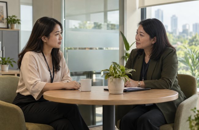 两位女性在私密的办公室内平等交谈，一人专注倾听，桌上摆着笔记本与水杯。
