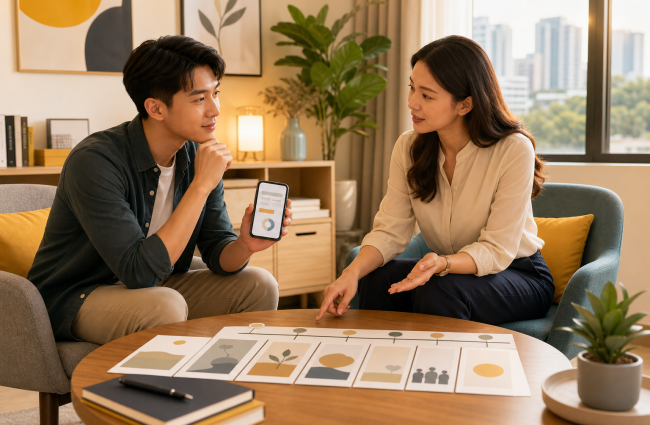 一名成人查看线上心理筛查结果后与临床心理师讨论完整评估