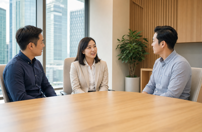 三位企业同事在明亮会议室进行冷静而有结构的工作对话