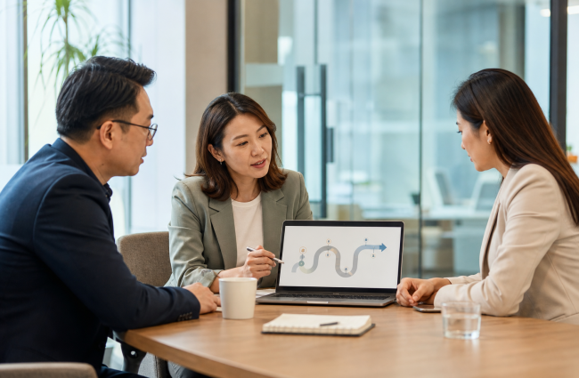 多元企业团队在明亮会议室观看清楚的变革计划说明