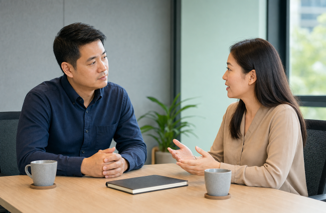 主管在安静会议室以尊重态度聆听一位员工说话