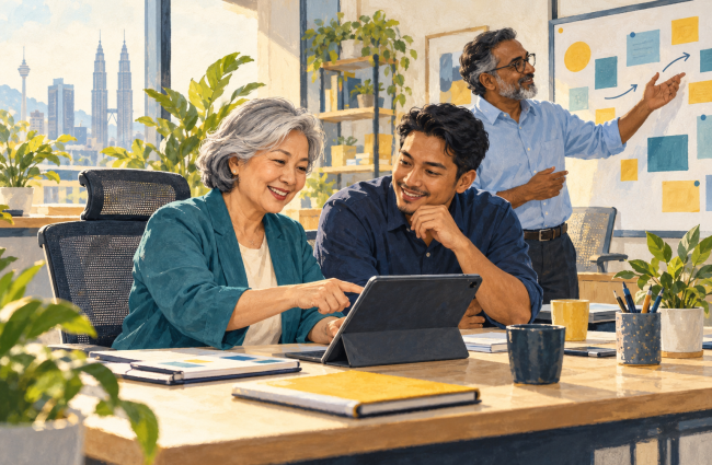 Illustration of older and younger Malaysian colleagues collaborating and sharing knowledge in an inclusive workplace. 插画：不同年龄的马来西亚同事平等协作，在包容的工作环境中交流经验。