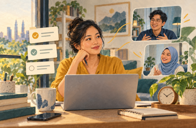 Illustration of a Malaysian employee working at home and connecting with supportive colleagues online. 插画：一名马来西亚员工在家工作，并透过线上交流获得同事支持。