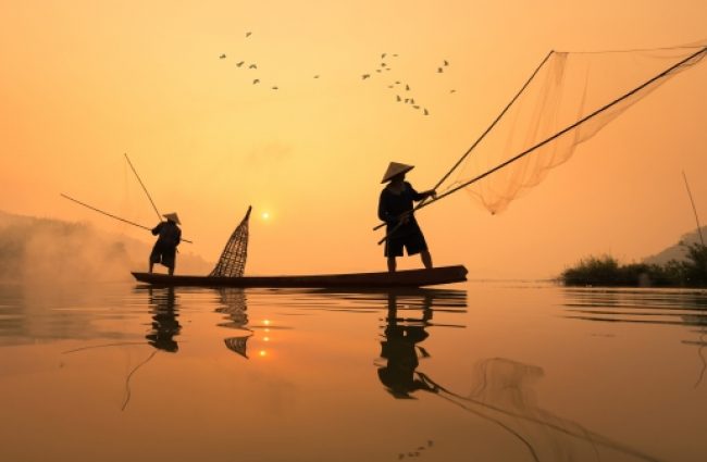Fishermans is fishing in Mekong river in the morning at Nongkhai province, Thailand