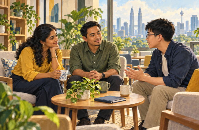 Illustration of three Malaysian colleagues having a supportive conversation in a quiet staff lounge. 插画：三名马来西亚同事在安静的休息空间互相倾听与支持。