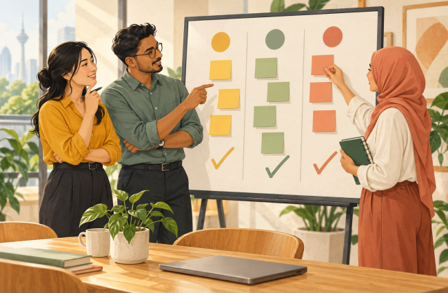 Illustration of Malaysian colleagues planning workplace improvements with notes on a board.