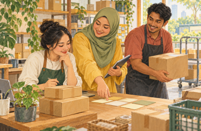 Illustration of Malaysian retail colleagues coordinating tasks and offering practical help at a fulfilment counter.
