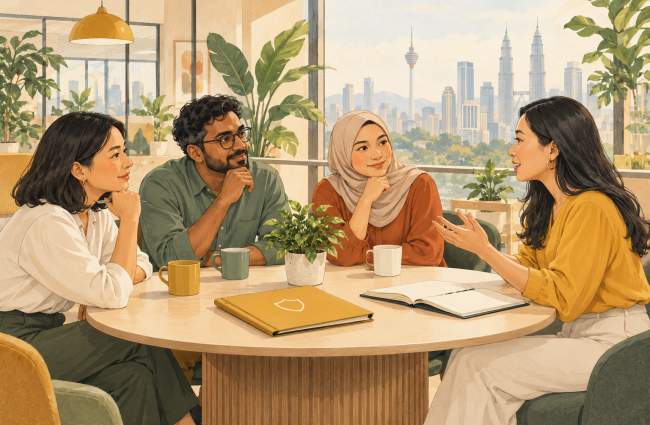 Illustration of Malaysian colleagues discussing a workplace assessment around a table.