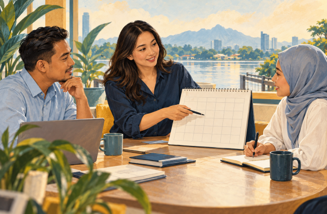 Illustration of colleagues in a Sarawak office discussing a work schedule and employee support. 插画：砂拉越办公室的同事一起讨论工作时间表与员工支持安排。