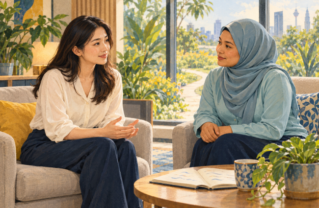 Illustration of an employee having a private follow-up conversation with a mental-health professional. 插画：员工与心理健康专业人员进行私密的后续会谈。